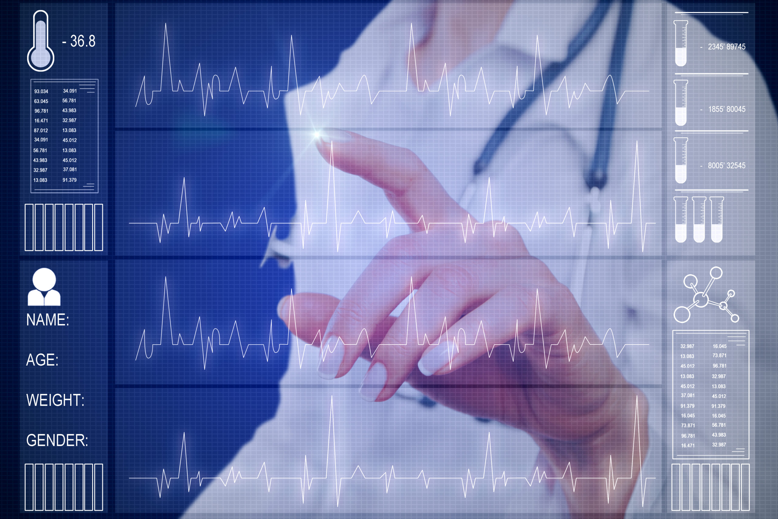 Medical touchscreen dashboard with heartbeat traces, vitals panels, and placeholder patient details being accessed by a clinician's hands.