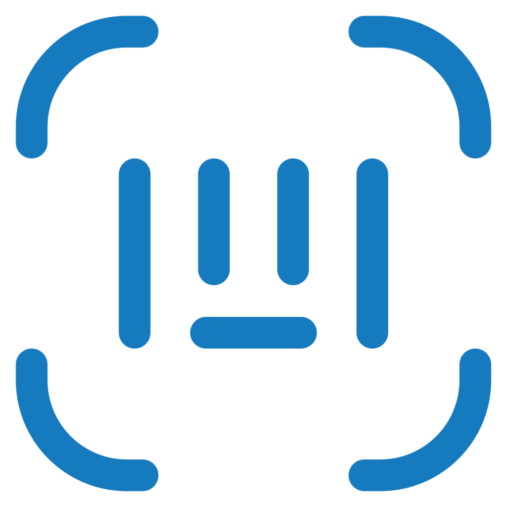 Blue square frame with rounded corners enclosing a stylized data icon: three vertical bars and one horizontal bar in the center.